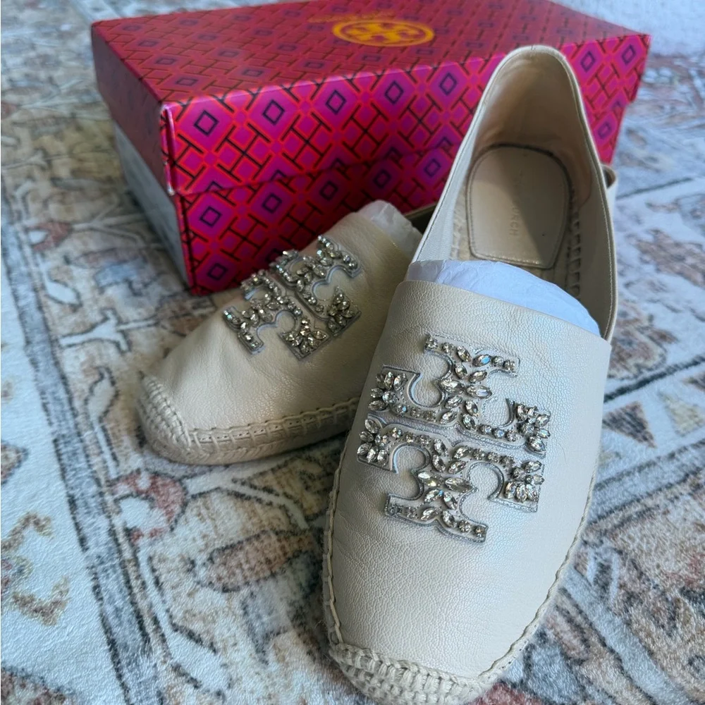 Tory Burch Ivory Leather Espadrilles with Crystal Logo